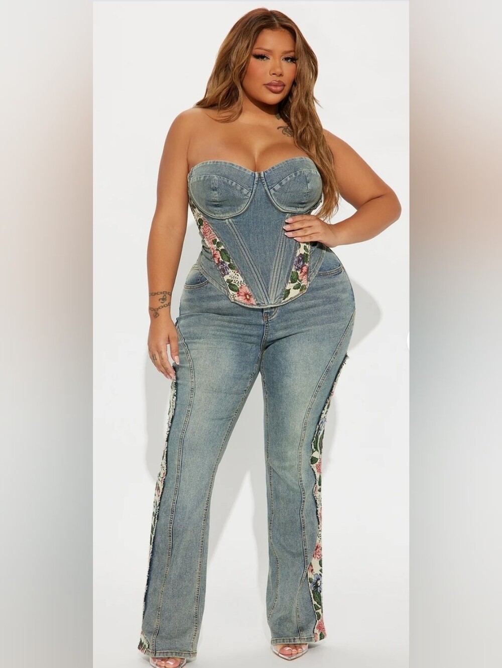 Amari Floral Denim Corset Top & Jean Set